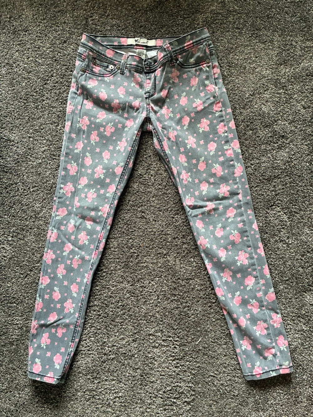 Wet Seal Grey Skinny Jeans with Pink Floral Print